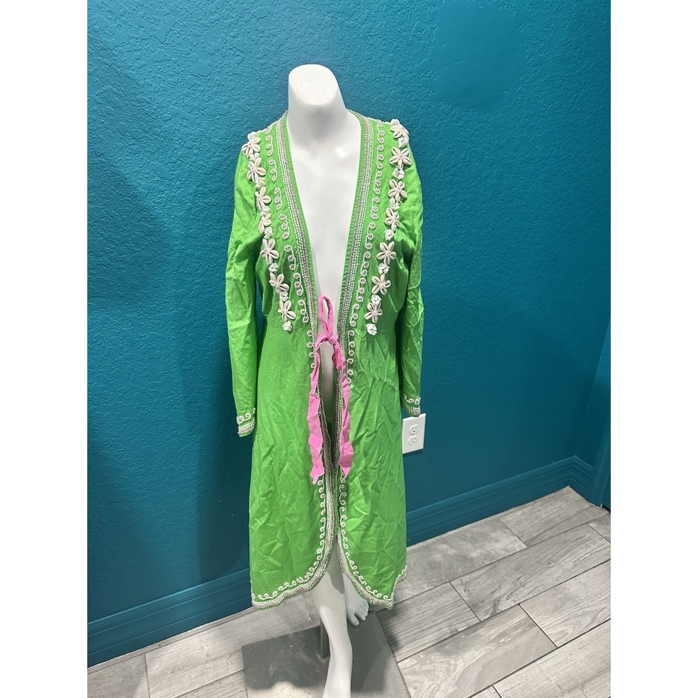 Lilly Pulitzer Green Cowrie Shell Pink Resort Coverup Kaftan RARE Vintage S